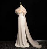 Evafashion A-line off-the-shoulder satin tulle long prom dress, off-white formal dress HZ1024