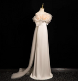 Evafashion A-line off-the-shoulder satin tulle long prom dress, off-white formal dress HZ1024