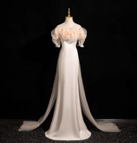 Evafashion A-line off-the-shoulder satin tulle long prom dress, off-white formal dress HZ1024