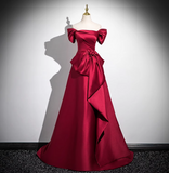 Evafashion A-line off-the-shoulder satin long prom dress, burgundy formal long dress HZ1024