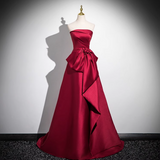Evafashion A-line off-the-shoulder satin long prom dress, burgundy formal long dress HZ1024