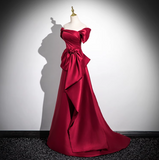 Evafashion A-line off-the-shoulder satin long prom dress, burgundy formal long dress HZ1024
