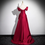 Evafashion A-line off-the-shoulder satin long prom dress, burgundy formal long dress HZ1024