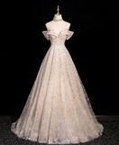 Ndyad A-line V-neck mesh sequin long prom dress, champagne formal long dress HZ1024