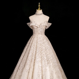 Ndyad A-line V-neck mesh sequin long prom dress, champagne formal long dress HZ1024
