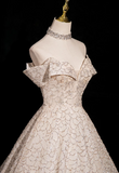 Ndyad A-line V-neck mesh sequin long prom dress, champagne formal long dress HZ1024