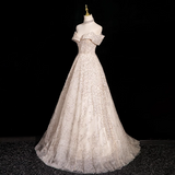 Ndyad A-line V-neck mesh sequin long prom dress, champagne formal long dress HZ1024
