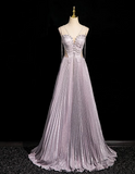 Ndyad A-line V-neck Satin Rhinestone Long Prom Dress, Purple Formal Long Dress HZ1024