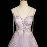 Ndyad A-line V-neck Satin Rhinestone Long Prom Dress, Purple Formal Long Dress HZ1024