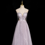 Ndyad A-line V-neck Satin Rhinestone Long Prom Dress, Purple Formal Long Dress HZ1024
