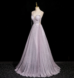 Ndyad A-line V-neck Satin Rhinestone Long Prom Dress, Purple Formal Long Dress HZ1024