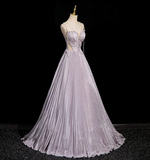 Ndyad A-line V-neck Satin Rhinestone Long Prom Dress, Purple Formal Long Dress HZ1024