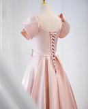 Ndyad A-line V-neck satin long prom dress, pink formal long dress HZ1024