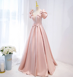 Ndyad A-line V-neck satin long prom dress, pink formal long dress HZ1024