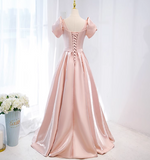 Ndyad A-line V-neck satin long prom dress, pink formal long dress HZ1024