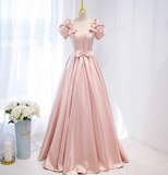 Ndyad A-line V-neck satin long prom dress, pink formal long dress HZ1024
