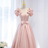 Ndyad A-line V-neck satin long prom dress, pink formal long dress HZ1024