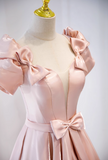 Ndyad A-line V-neck satin long prom dress, pink formal long dress HZ1024