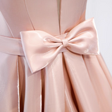 Ndyad A-line V-neck satin long prom dress, pink formal long dress HZ1024