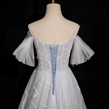 Ndyad grey A-line off-shoulder tulle sequin long prom dress, silver grey formal long dress HZ1024
