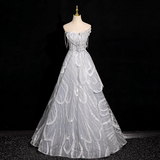 Ndyad grey A-line off-shoulder tulle sequin long prom dress, silver grey formal long dress HZ1024