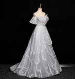 Ndyad grey A-line off-shoulder tulle sequin long prom dress, silver grey formal long dress HZ1024