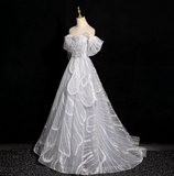 Ndyad grey A-line off-shoulder tulle sequin long prom dress, silver grey formal long dress HZ1024