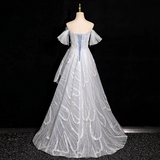 Ndyad grey A-line off-shoulder tulle sequin long prom dress, silver grey formal long dress HZ1024
