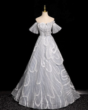Ndyad grey A-line off-shoulder tulle sequin long prom dress, silver grey formal long dress HZ1024