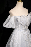 Ndyad grey A-line off-shoulder tulle sequin long prom dress, silver grey formal long dress HZ1024