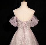 Evafashion A-line off-shoulder sequined tulle long prom dress, pink formal long dress HZ1024