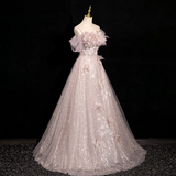 Evafashion A-line off-shoulder sequined tulle long prom dress, pink formal long dress HZ1024