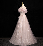 Evafashion A-line off-shoulder sequined tulle long prom dress, pink formal long dress HZ1024
