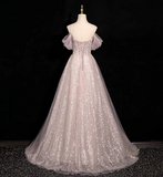 Evafashion A-line off-shoulder sequined tulle long prom dress, pink formal long dress HZ1024