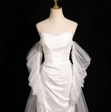 Ndyad Mermaid strapless satin tulle long prom dress, white formal long dress HZ1024