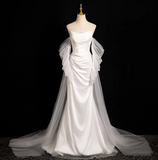Ndyad Mermaid strapless satin tulle long prom dress, white formal long dress HZ1024