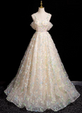 Ndyad A-line sweetheart neck tulle beaded long prom dress, champagne formal long dress HZ1024