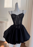 Ndyad A-line Sweetheart Neck Lace Satin Short Prom Dress, Black Homecoming Dress HZ1024
