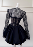 Ndyad A-line Sweetheart Neck Lace Satin Short Prom Dress, Black Homecoming Dress HZ1024
