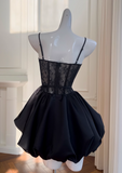 Ndyad A-line Sweetheart Neck Lace Satin Short Prom Dress, Black Homecoming Dress HZ1024
