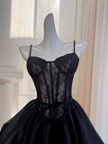 Ndyad A-line Sweetheart Neck Lace Satin Short Prom Dress, Black Homecoming Dress HZ1024