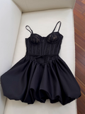 Ndyad A-line Sweetheart Neck Lace Satin Short Prom Dress, Black Homecoming Dress HZ1024
