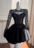 Ndyad A-line Sweetheart Neck Lace Satin Short Prom Dress, Black Homecoming Dress HZ1024