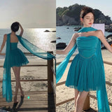 Ndyad blue A-line strapless chiffon short prom dress, lake blue homecoming dress HZ1024