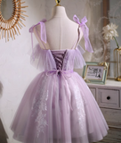 Ndyad A-line sweetheart neckline tulle lace short prom dress, purple homecoming dress HZ1024