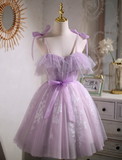 Ndyad A-line sweetheart neckline tulle lace short prom dress, purple homecoming dress HZ1024