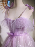 Ndyad A-line sweetheart neckline tulle lace short prom dress, purple homecoming dress HZ1024