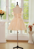 Evafashion A-line off shoulder tulle lace short prom dress, champagne homecoming dress HZ1024
