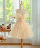 Evafashion A-line off shoulder tulle lace short prom dress, champagne homecoming dress HZ1024