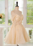 Evafashion A-line off shoulder tulle lace short prom dress, champagne homecoming dress HZ1024